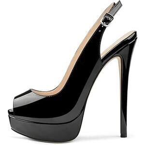 New Merumote Womens Size 9.5 Shiny Black Peep Toe Slingback 6.5" Platform Heels